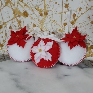 Poinsettia felt christmas ornaments red & white